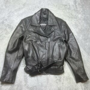 Unik Jacket Women's L Black Biker Leather Motorcycle Zip Cuffs Belted *SPOTS